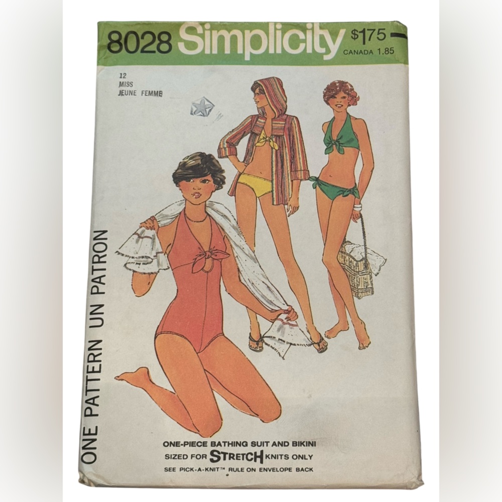 Simplicity #8028 Vintage BIKINI Sewing Pattern C1977 Swimwear UNCUT SZ 12 Miss